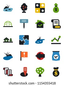 Color and black flat icon set - left arrow vector, contract, plant label, greenhouse, pond, fertilizer, important flag, application, point graph, house with tree, fruit, eco, money bag