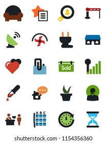 Color and black flat icon set - barrier vector, passport control, seat map, ripper, seedling, heart, dropper, satellite antenna, favorites list, cellular signal, paper clip, support, sold signboard
