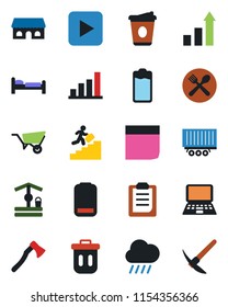 Color And Black Flat Icon Set - Bed Vector, Growth Statistic, Notebook Pc, Coffee, Wheelbarrow, Rain, Well, Axe, Truck Trailer, Battery, Low, Play Button, Clipboard, Bar Graph, Blank Box, Cafe