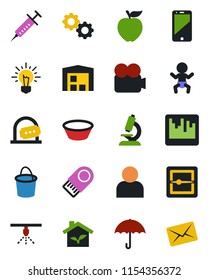 Color and black flat icon set - baby vector, ticket office, bucket, syringe, microscope, umbrella, video camera, cell phone, user, scanner, warehouse, bowl, apple fruit, eco house, gear, usb flash