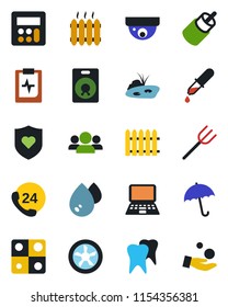 Color and black flat icon set - umbrella vector, notebook pc, farm fork, fence, dropper, heart shield, tooth, pulse clipboard, 24 hours, speaker, rca, calculator, application, pond, heater, fan