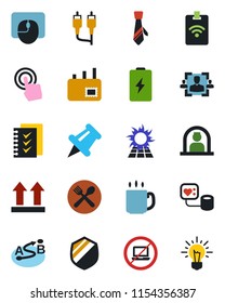 Color and black flat icon set - no laptop vector, reception, mouse, blood pressure, up side sign, shield, route, touch screen, paper pin, rca, coffee, hr, checklist, tie, mail, cafe, sun panel, idea