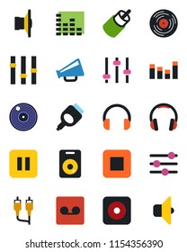 Color and black flat icon set - vinyl vector, speaker, loudspeaker, settings, equalizer, headphones, pause button, stop, rec, rca, hdmi, tuning, record, sound