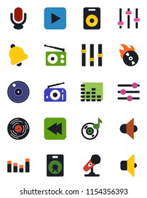 Color and black flat icon set - vinyl vector, flame disk, microphone, radio, speaker, settings, equalizer, play button, rewind, tuning, bell, music, sound