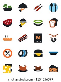 Color and black flat icon set - spoon and fork vector, menu, salad, plates, bacon, waiter, bread, chicken, steak, kebab, hamburger, bowl, sushi, cheese