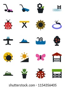 Color and black flat icon set - sun vector, flower in pot, lawn mower, butterfly, lady bug, pond, picnic table, brightness, pool, fruit tree, mountains, restaurant, alcove