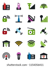 Color and black flat icon set - satellite antenna vector, office phone, radio, remote control, wireless, cellular signal, lock, garage gate