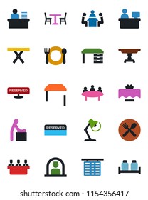 Color and black flat icon set - cafe vector, baby room, reception, flight table, desk, meeting, manager place, picnic, lamp, restaurant, reserved, salt and pepper
