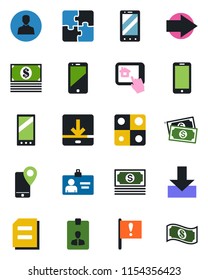 Color and black flat icon set - right arrow vector, mobile phone, identity card, document, important flag, cash, tracking, cell, user, download, application, home control app