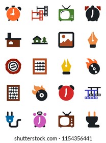 Color and black flat icon set - alarm clock vector, abacus, stamp, fireplace, film frame, flame disk, gallery, ink pen, house with tree, tv, power plug