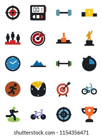 Color and black flat icon set - pedestal vector, barbell, bike, run, clock, stopwatch, target, mountains, award cup