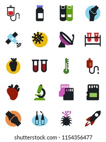 Color and black flat icon set - satellite antenna vector, book, blood test vial, dropper, microscope, ampoule, real heart, joint, virus, sd, thermometer, rocket