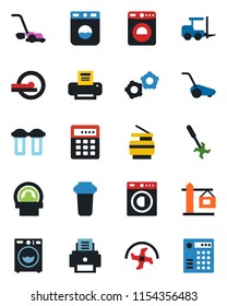 Color and black flat icon set - washer vector, fork loader, gear, ripper, lawn mower, tomography, printer, copier, crane, water filter, combination lock