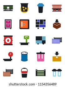 Color and black flat icon set - trash bin vector, checkroom, bucket, railroad, cargo container, consolidated, package, oil barrel, heavy scales, archive box, water filter