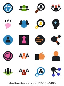 Color and black flat icon set - female vector, team, brainstorm, network, share, group, finger up, user, company, client search, consumer, social media