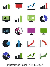 Color and black flat icon set - growth statistic vector, presentation board, crisis graph, monitor, circle chart, statistics, bar, pie, point, arrow up