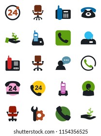 Color and black flat icon set - 24 around vector, office chair, phone, hours, speaker, radio, call, root setup, support, palm sproute