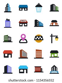 Color and black flat icon set - taxi vector, shop, office building, garden light, navigation, store, city house, cafe, storefront
