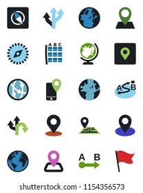 Color and black flat icon set - globe vector, seat map, route, navigation, earth, pin, mobile tracking, network, place tag, compass, flag
