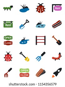 Color and black flat icon set - job vector, garden fork, shovel, lady bug, caterpillar, pond, rack, rent, bacon, open close, rocket