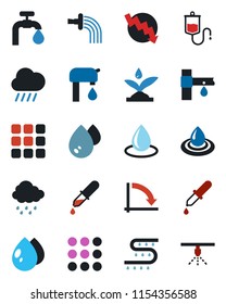 Color and black flat icon set - crisis graph vector, watering, water drop, rain, drip irrigation, dropper, menu, supply, sprinkler