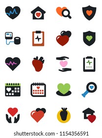 Color and black flat icon set - heart vector, pulse, blood pressure, diagnostic, shield, hand, real, medical calendar, clipboard, sweet home