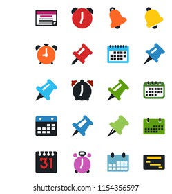 Color and black flat icon set - alarm clock vector, drawing pin, calendar, paper, bell, schedule