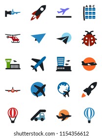 Color and black flat icon set - plane vector, departure, ladder car, boarding, helicopter, seat map, globe, airport building, lady bug, rocket, paper, air balloon