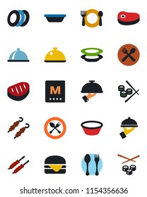 Color and black flat icon set - spoon and fork vector, dish, cafe, menu, plates, waiter, steak, kebab, hamburger, bowl, sushi