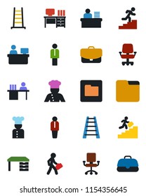 Color and black flat icon set - manager vector, desk, place, ladder, folder, career, cook, office chair, case