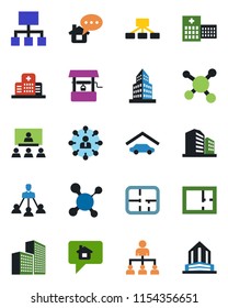 Color and black flat icon set - hierarchy vector, well, molecule, hospital, office building, garage, plan, home message