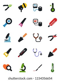 Color and black flat icon set - trowel vector, pruner, saw, stethoscope, blood pressure, thermometer, heart diagnostic, microscope, scalpel, microphone