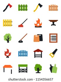 Color and black flat icon set - fence vector, tree, saw, fire, hoe, axe, abacus, table, alcove, cutting board