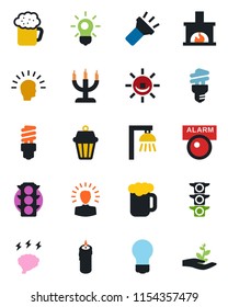 Color and black flat icon set - brainstorm vector, bulb, traffic light, torch, fireplace, beer, candle, energy saving, outdoor lamp, alarm led, shining head, palm sproute