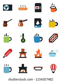 Color and black flat icon set - hot cup vector, coffee machine, fire, fireplace, thermometer, air conditioner, bread, dog, steaming pan, turkish, water heater, balloon
