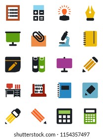 Color and black flat icon set - book vector, calculator, abacus, desk, notepad, pencil, microscope, notes, copybook, presentation board, paper clip, ink pen, shining head