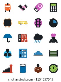Color and black flat icon set - airport bus vector, train, handshake, growth statistic, rain, traffic light, client, container, umbrella, package, oil barrel, stopwatch, calculator, paper binder