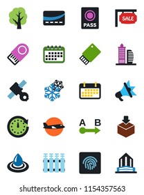 Color and black flat icon set - passport vector, plane, tree, satellite, term, package, route, fingerprint id, sale, office building, credit card, snowflake, water, radiator, usb flash, clock
