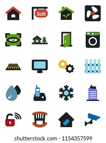 Color and black flat icon set - monitor vector, radio phone, house, with tree, sold signboard, children room, smart home, city, eco, fan, wireless lock, snowflake, gear, water, washer, radiator