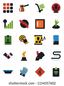 Color and black flat icon set - checkroom vector, handshake, identity card, pedestal, crisis graph, sproute, glove, drip irrigation, cargo, microphone, touch screen, menu, cellular signal, hr, bowl