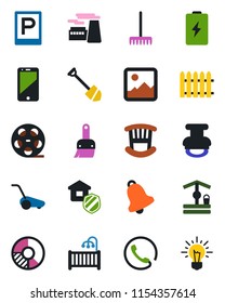 Color and black flat icon set - parking vector, job, factory, circle chart, fence, rake, lawn mower, well, reel, cell phone, gallery, themes, bell, stamp, children room, estate insurance, battery