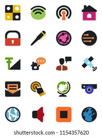 Color and black flat icon set - globe vector, speaking man, pen, house, satellite, network, touch screen, stop button, mail, wireless, lock, cellular signal, application, web camera, sound, earth