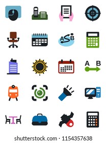 Color and black flat icon set - cafe vector, train, sun, mouse, document, satellite, term, route, torch, eye id, office phone, target, city house, pc, chair, calendar, case, calculator