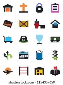 Color and black flat icon set - baggage trolley vector, route, signpost, plane, traffic light, term, sea port, container, clipboard, fragile, warehouse storage, heavy, oil barrel, barcode, rack