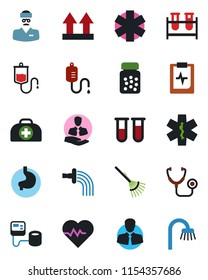 Color and black flat icon set - rake vector, watering, heart pulse, doctor case, stethoscope, blood pressure, test vial, dropper, pills bottle, ambulance star, stomach, clipboard, client, bathroom