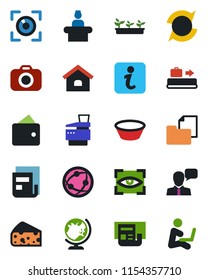 Color and black flat icon set - baggage conveyor vector, reception, globe, seedling, folder document, camera, network, speaker, update, news, copier, house, bowl, cheese, eye scan, information