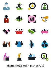 Color and black flat icon set - passport control vector, baby room, reception, handshake, pedestal, meeting, run, doctor, pregnancy, client, group, manager desk, company, search, waiter, fingerprint