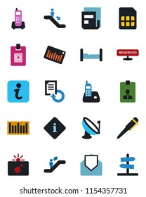 Color and black flat icon set - escalator vector, bomb in case, identity card, pen, document reload, office phone, barcode, satellite antenna, radio, mail, sim, news, bedroom, reserved, information