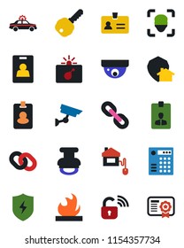 Color and black flat icon set - alarm car vector, bomb in case, identity, card, flammable, chain, protect, face id, stamp, key, home control, wireless lock, combination, pass, surveillance