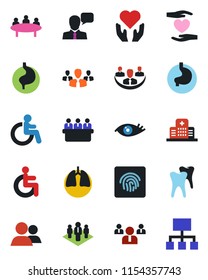 Color and black flat icon set - disabled vector, team, meeting, heart hand, stomach, lungs, tooth, eye, hospital, speaker, group, fingerprint id, company, hierarchy